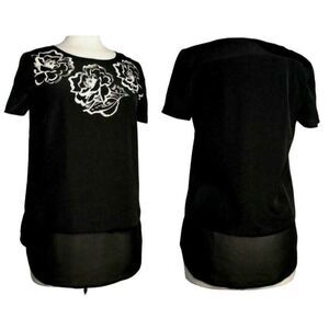 Kensie White Rose Floral Neckline Black Pullover Short Sleeve Blouse Top  Sz S